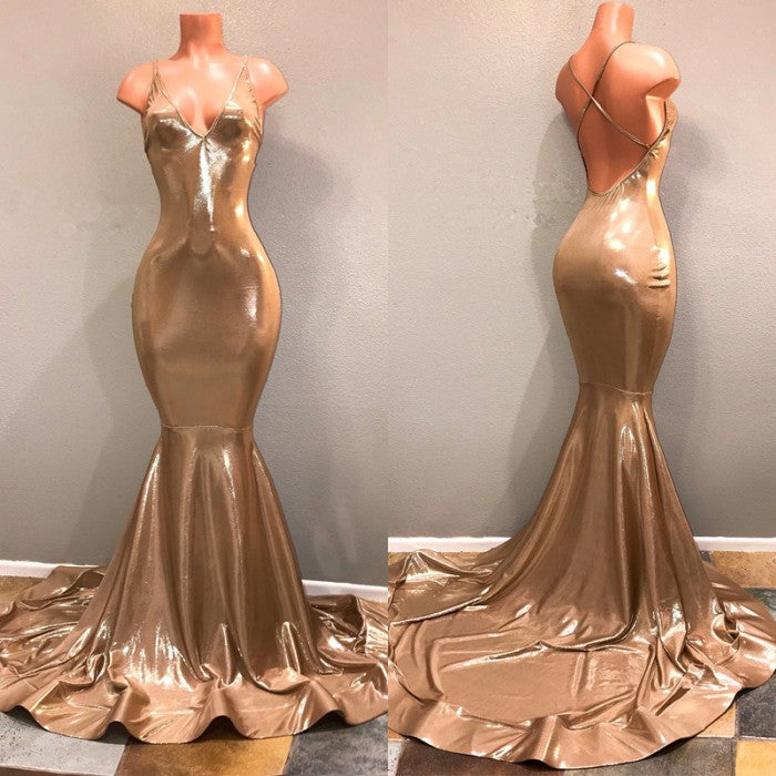 Chic Spaghetti Strap Gold Prom Dress, Sleeveless Prom Party Gowns-showprettydress