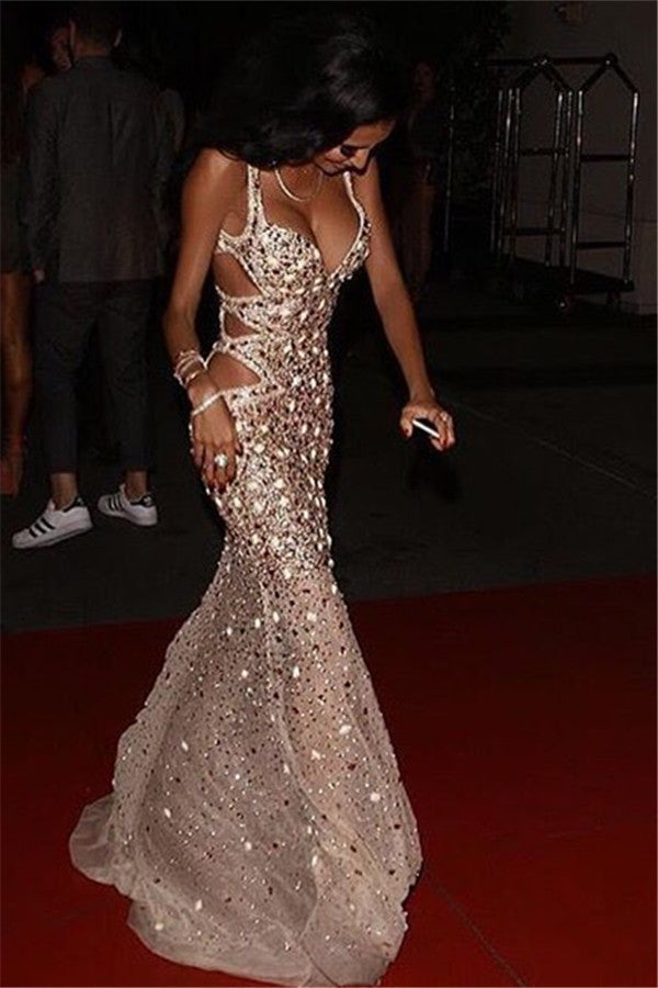 Chic Spaghetti Straps Rhinestones Sleeveless Front Split Sheath Floor-Length Prom Dresses-showprettydress