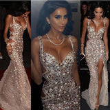 Chic Spaghetti Straps Rhinestones Sleeveless Front Split Sheath Floor-Length Prom Dresses-showprettydress