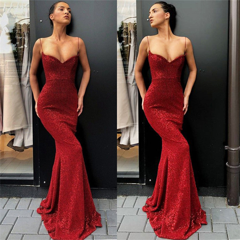 Chic Spaghetti Straps Sequins Long Evening Dresses Sheath Formal Dresses-showprettydress