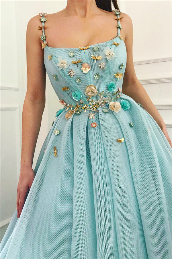 Chic Spaghetti Straps Sleeveless Long Prom Party Gowns| A Line Beading Flowers Prom Party Gowns-showprettydress