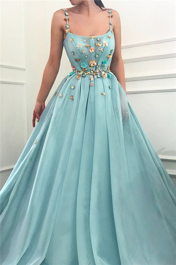 Chic Spaghetti Straps Sleeveless Long Prom Party Gowns| A Line Beading Flowers Prom Party Gowns-showprettydress