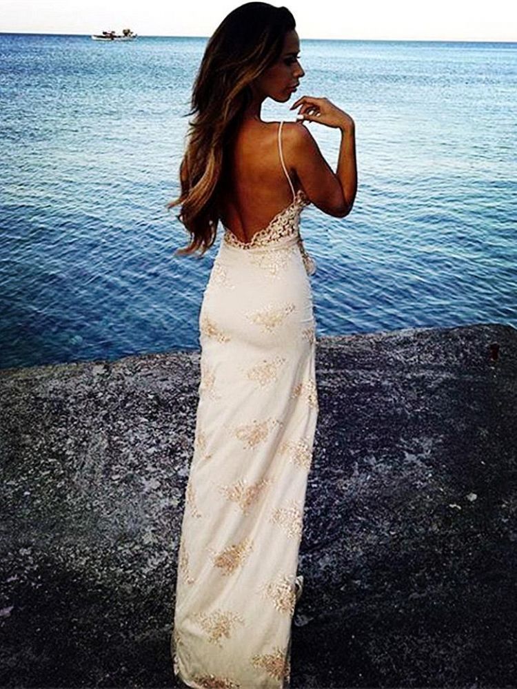 Chic Spaghetti Straps Split Evening Dresses Lace Sheath Summer Party Dress for Beach-showprettydress