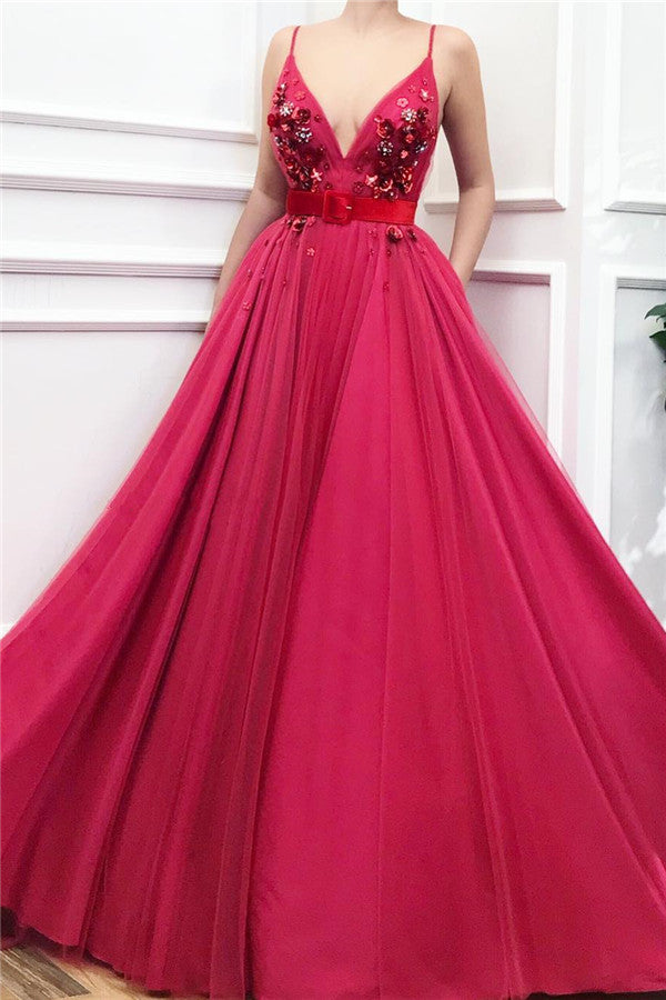 Chic Spaghetti Straps V-neck Burgundy Prom Party Gowns| Tulle Flower Beading Long Prom Party Gowns with Sash-showprettydress