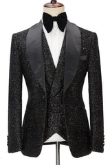 Chic Sparkly Black Three Pieces Shawl Lapel Bespoke Wedding Suit for Men-showprettydress