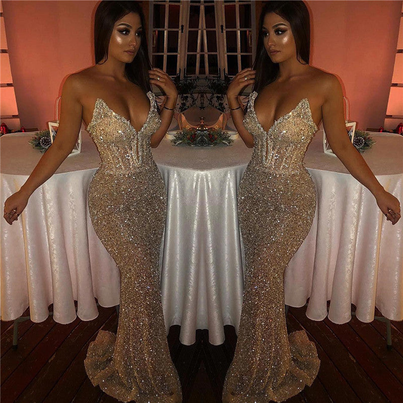 Chic Strapless Sleeveless Sweep Train Mermaid Prom Dresses-showprettydress