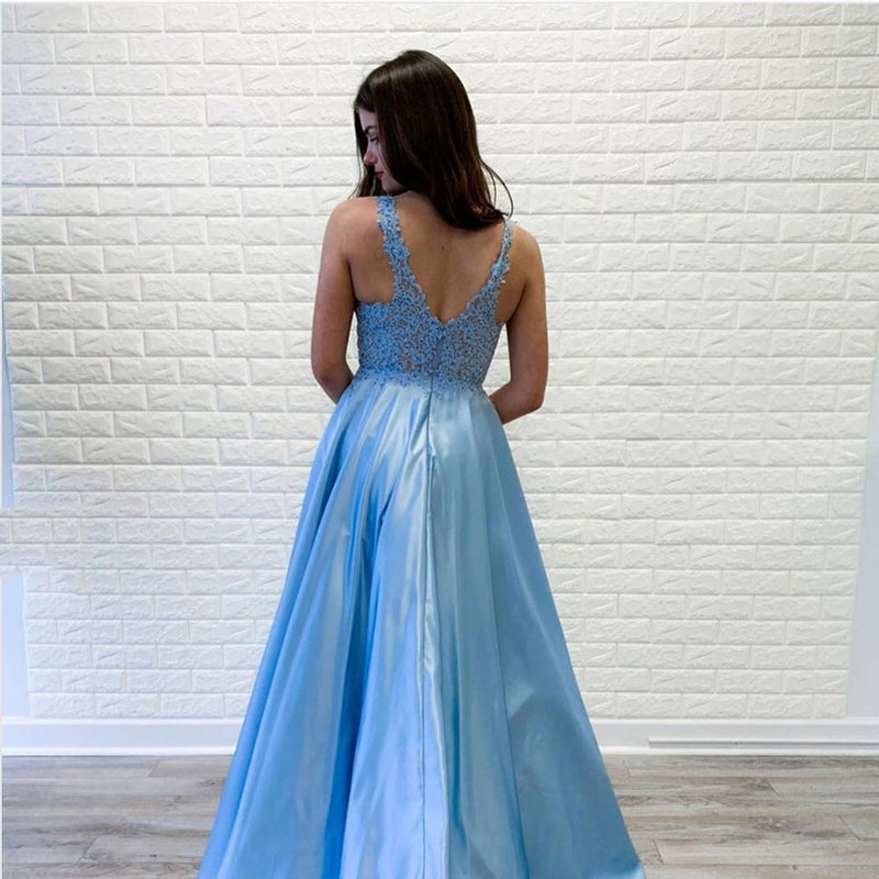 Chic Straps Lace Beading Prom Party Gowns| Chic Deep V-neck Long Prom Gown-showprettydress