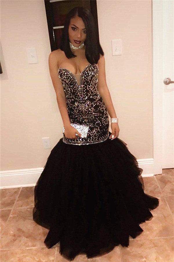Chic Sweetheart Beads Prom Dresses Mermaid Black Sequins Evening Gown-showprettydress