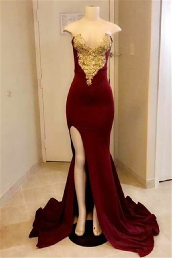 Chic Sweetheart Mermaid Prom Dreses with High split Velvet Gold Appliques Side Slit Evening Dresses-showprettydress