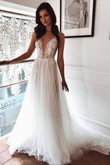 Chic Tulle A line Ivory Lace V neck Summer Beach Wedding Dress-showprettydress