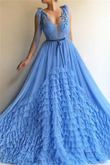 Chic Tulle Deep V-neck Blue Prom Party Gowns| Sleeveless Layers Long Prom Party Gowns with Sash-showprettydress