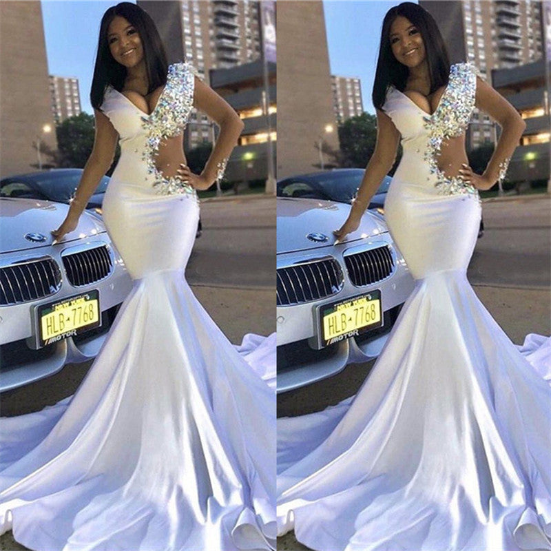 Chic V-Neck Lace Rhinestones Sweep Train Mermaid Prom Dresses-showprettydress