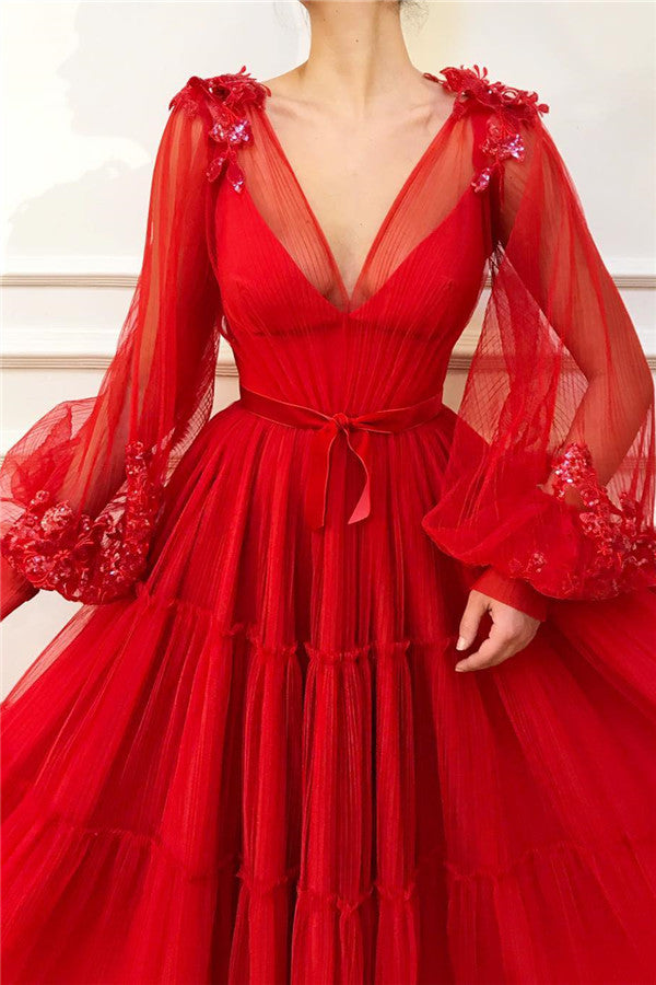 Chic V-neck Long Sleevess Red Tulle Prom Party Gowns| Charming Ball Gown Appliques Beading Long Prom Party Gowns-showprettydress