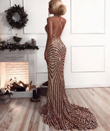Chic V-Neck Mermaid Prom Party Gowns| Sequins Long Evening Dress-showprettydress