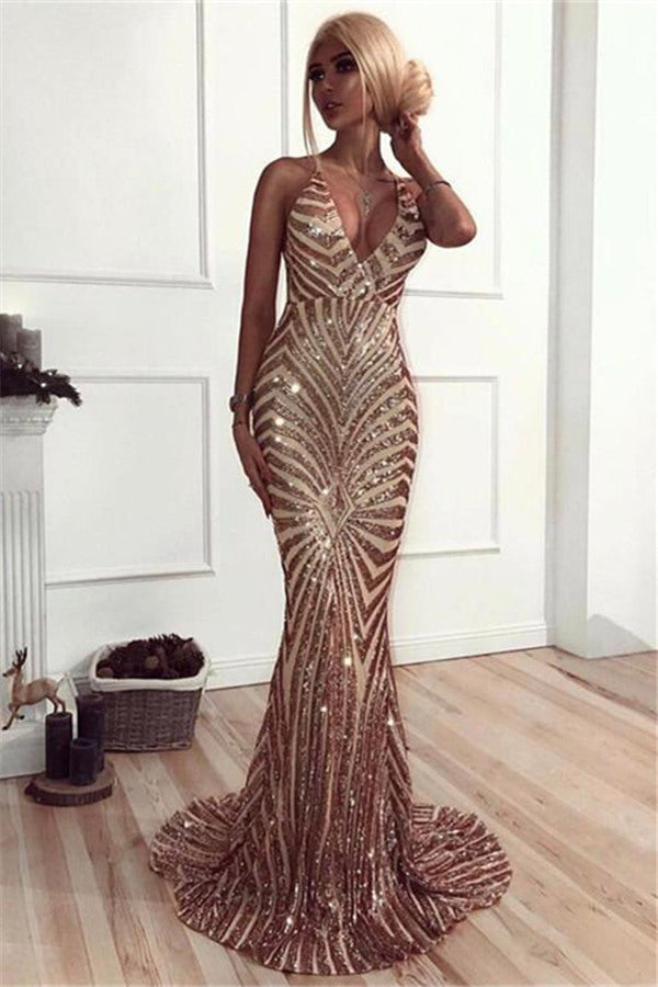 Chic V-Neck Mermaid Prom Party Gowns| Sequins Long Evening Dress-showprettydress