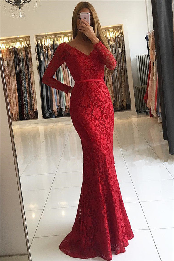 Chic V-neck Open Back Scarlet Lace Evening Dresses Elegant Long Sleeves Fit and Flare Wholesale Prom Dresses-showprettydress