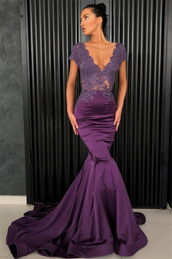 Chic V-Neck Short Sleeves Evening Dresses Mermaid Beadings Long Formal Dresses-showprettydress