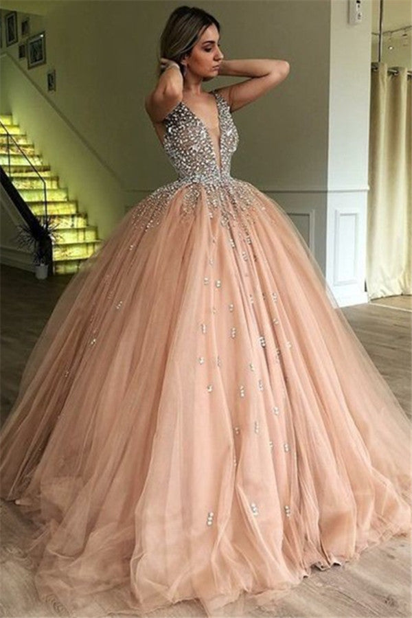 Chic V-Neck Straps Sleeveless Rhinestones Tulle Ball Gown Prom Dresses-showprettydress