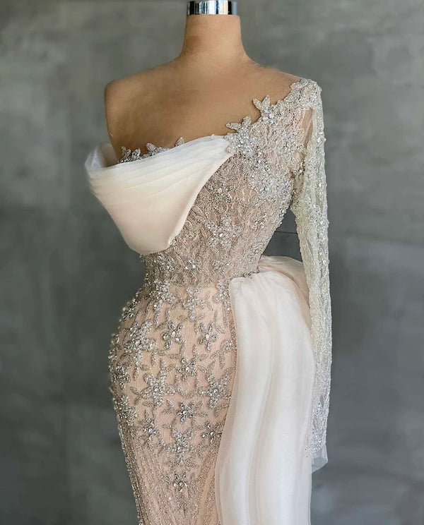 Chic White Mermaid Prom Dress with Appliques and Beaded Long Sleeves-showprettydress