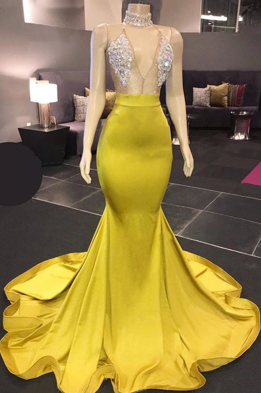 Chic Yellow Sleeveless Crystals Sheer Tulle Prom Dresses New Arrival Mermaid Formal Evening Gowns-showprettydress