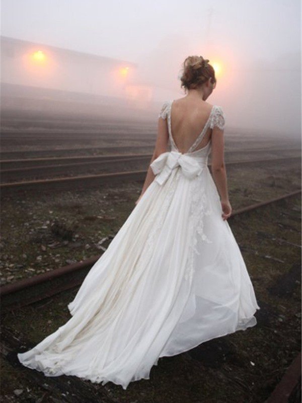Chiffon A Line Sleeveless V neck Floor Length Lace Wedding Dresses-showprettydress