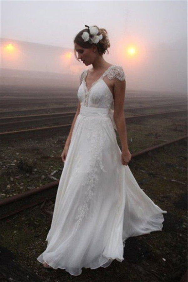 Chiffon A Line Sleeveless V neck Floor Length Lace Wedding Dresses-showprettydress