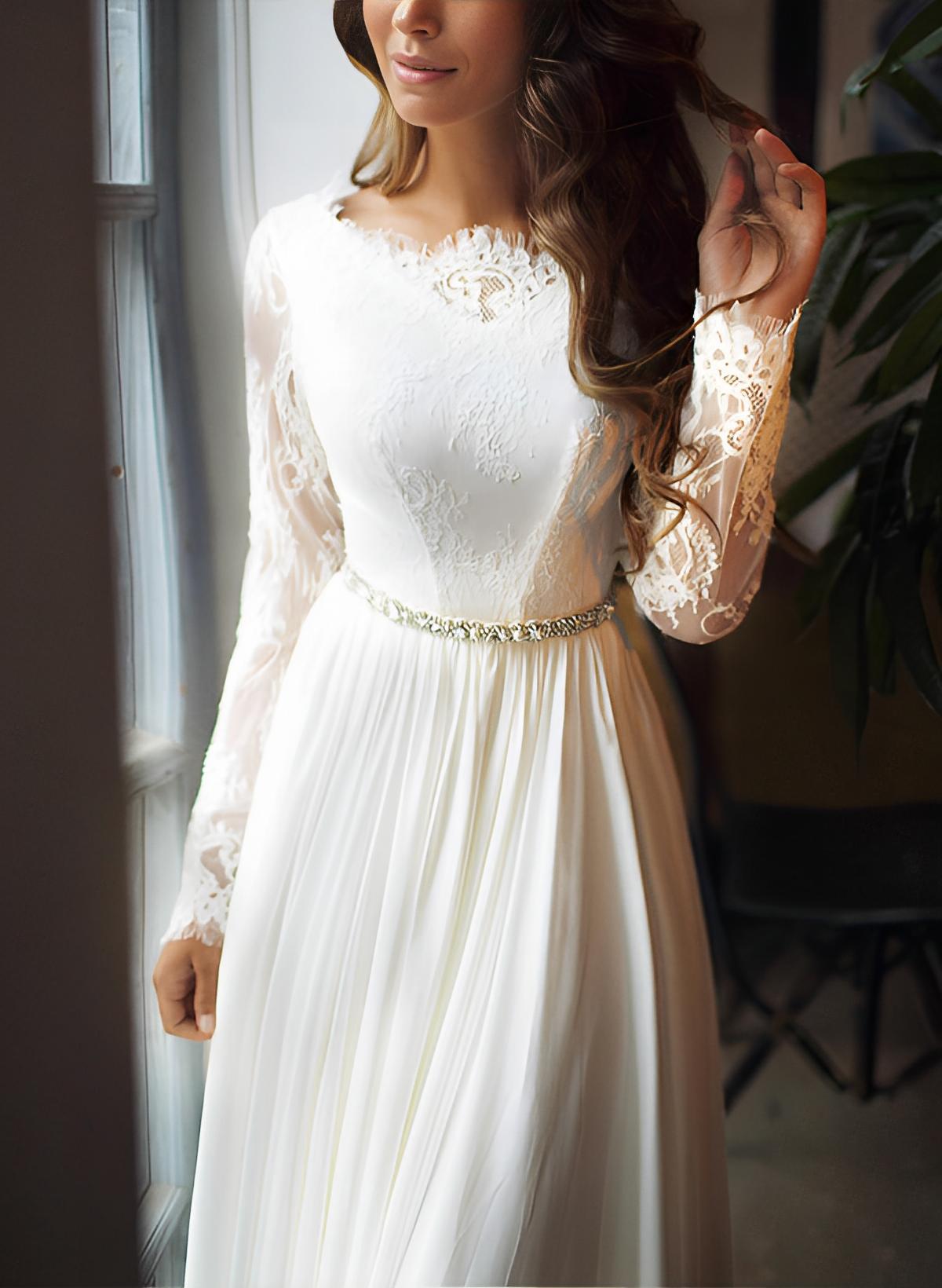 Chiffon Lace Wedding Dress Long Sleeves Sweep Train-Showprettydress