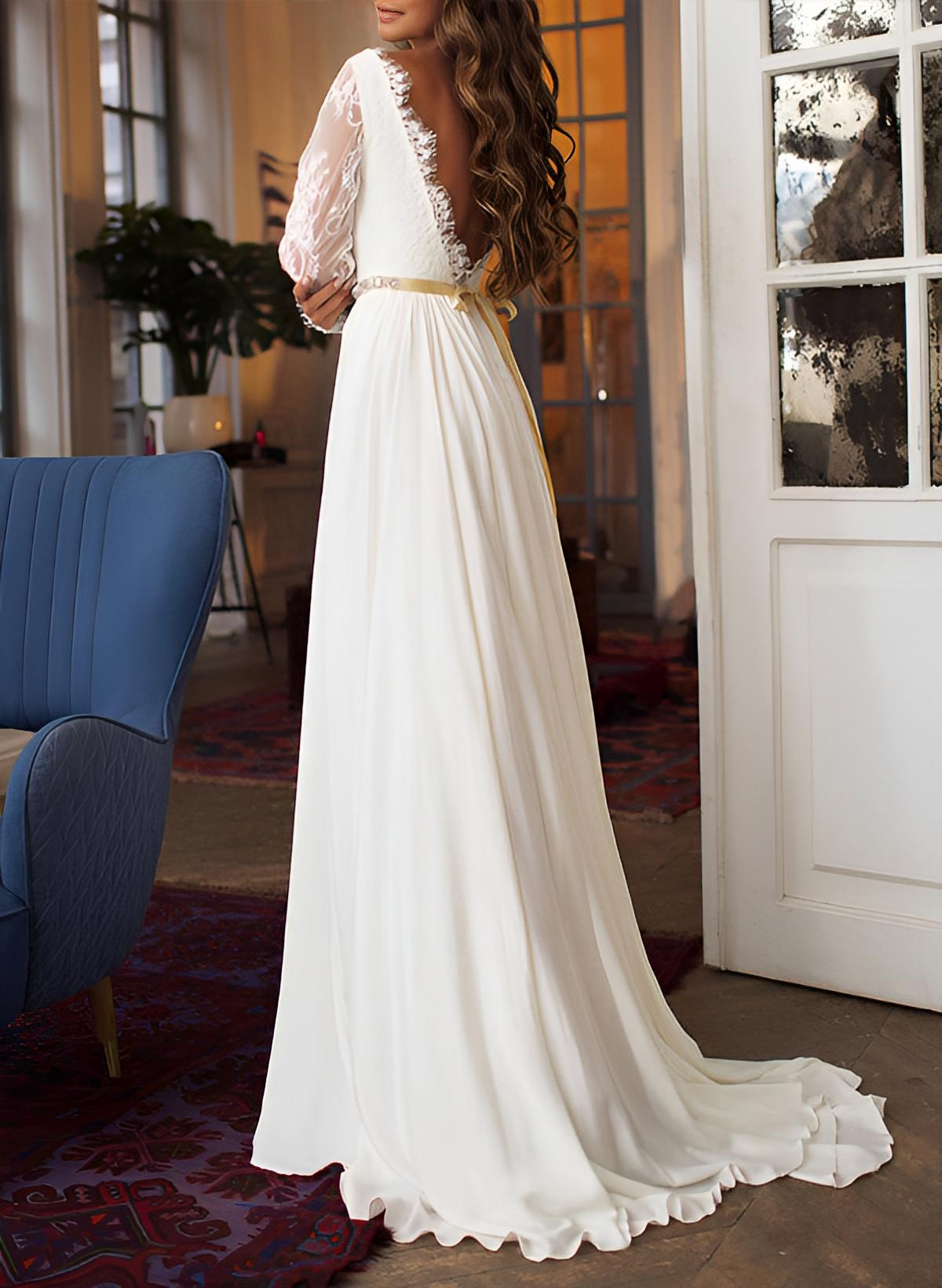 Chiffon Lace Wedding Dress Long Sleeves Sweep Train-Showprettydress
