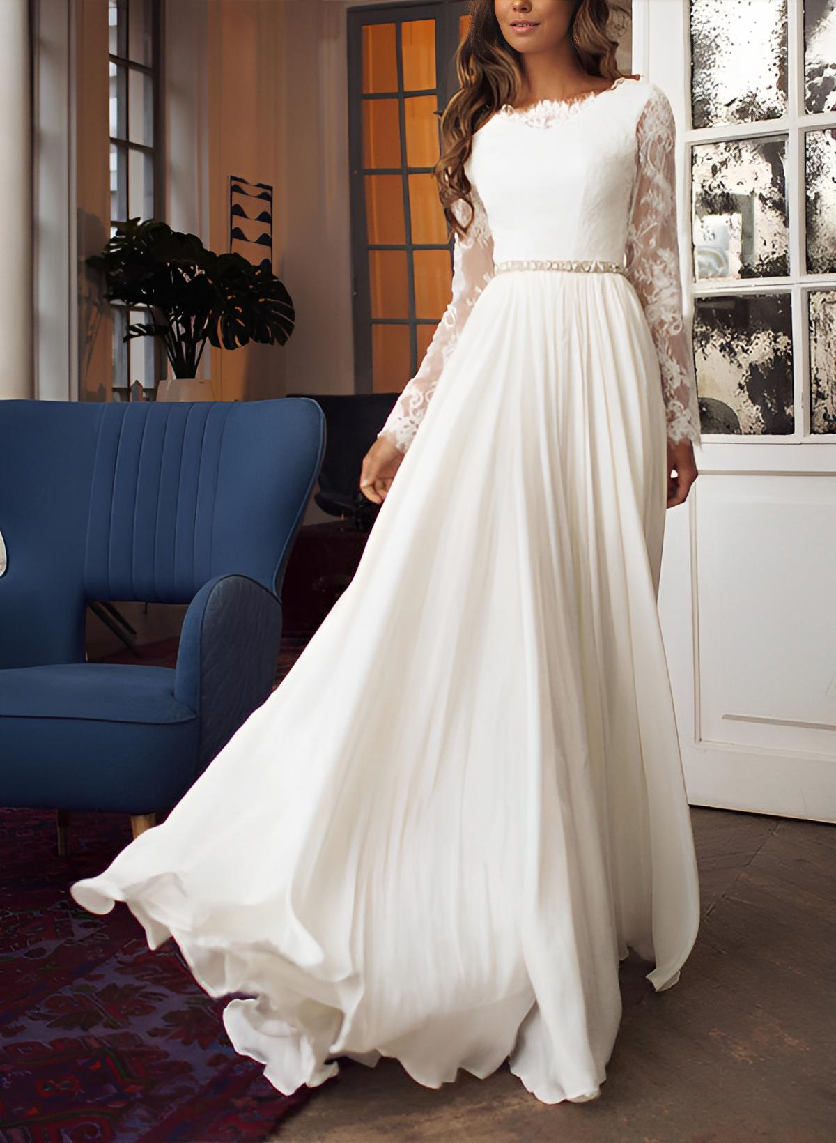 Chiffon Lace Wedding Dress Long Sleeves Sweep Train-Showprettydress