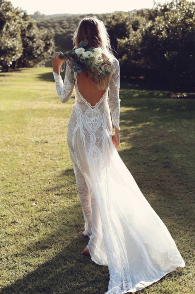 Classic Beach Long Sleevess Backless Lace Beach Wedding Dress Simple Summer Casual Bridal Gowns Online-showprettydress