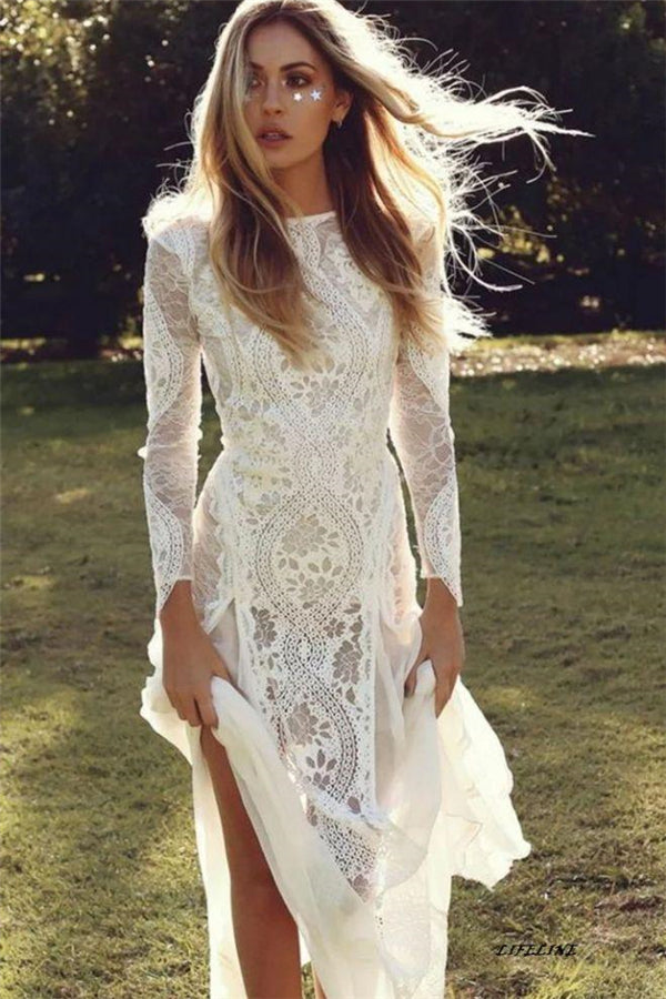 Classic Beach Long Sleevess Backless Lace Beach Wedding Dress Simple Summer Casual Bridal Gowns Online-showprettydress