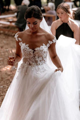 Classic Cap Sleeve Tulle Lace Simple Wedding Dress White Floor Length Garden Bridal Gown-showprettydress
