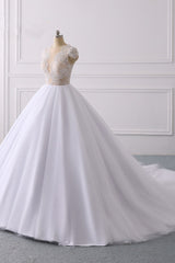 Classic Cap sleeves V neck White Ball Gown Lace Wedding Dress-showprettydress