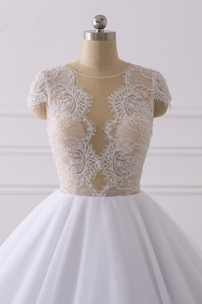 Classic Cap sleeves V neck White Ball Gown Lace Wedding Dress-showprettydress