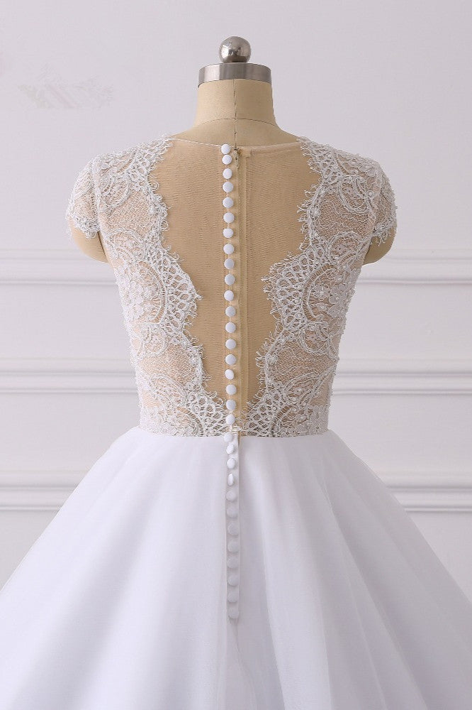 Classic Cap sleeves V neck White Ball Gown Lace Wedding Dress-showprettydress