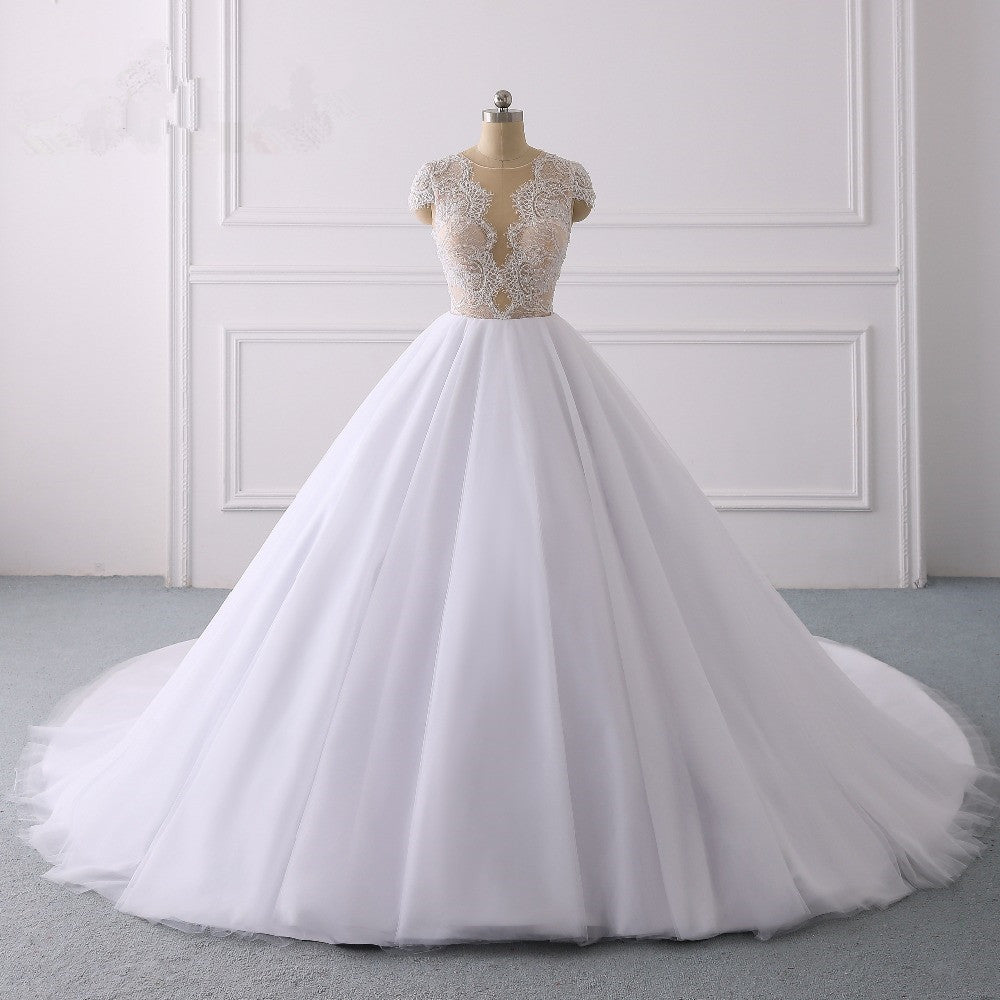 Classic Cap sleeves V neck White Ball Gown Lace Wedding Dress-showprettydress