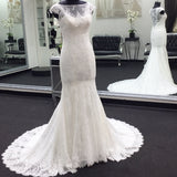 Classic Cap Sleeves White Illusion neck Lace Mermaid Wedding Dress with Court Train-showprettydress