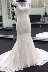 Classic Cap Sleeves White Illusion neck Lace Mermaid Wedding Dress with Court Train-showprettydress