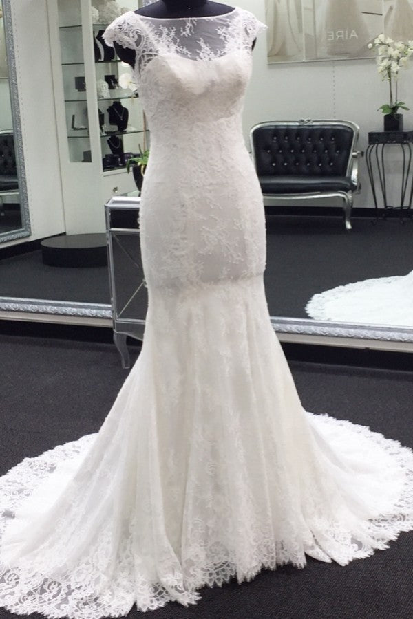 Classic Cap Sleeves White Illusion neck Lace Mermaid Wedding Dress with Court Train-showprettydress