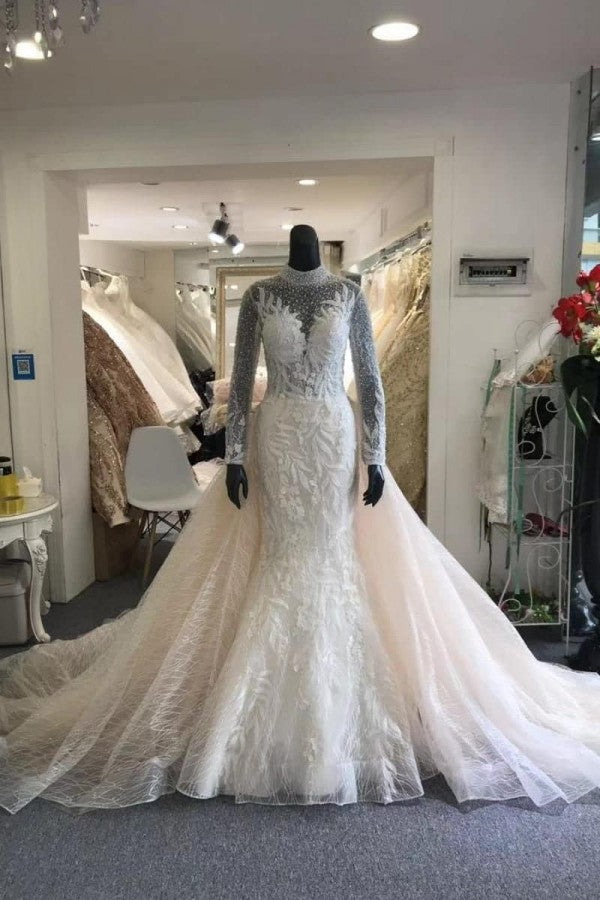 Classic Collar Long Sleeves Floral Pattern Mermaid Wedding Dress Detachable Sweep Train-showprettydress