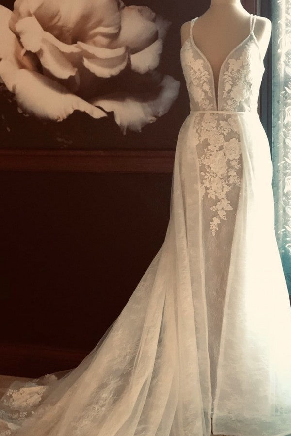 Classic Double V Neck Floral Lace Wedding Bridal Gowns Sweep Train-showprettydress