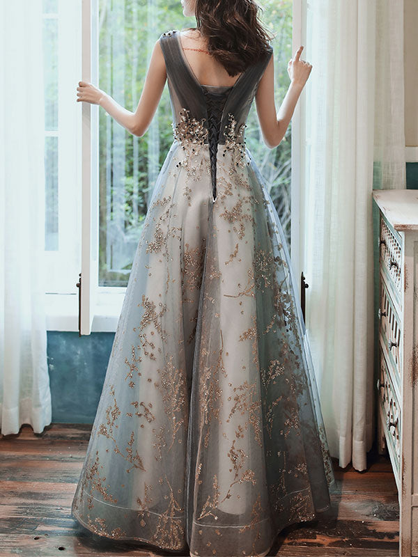 Classic evening dress A Line Sleeveless Floor Length Jewel Neck Lace Appliqued Formal Occasion Dresses-showprettydress
