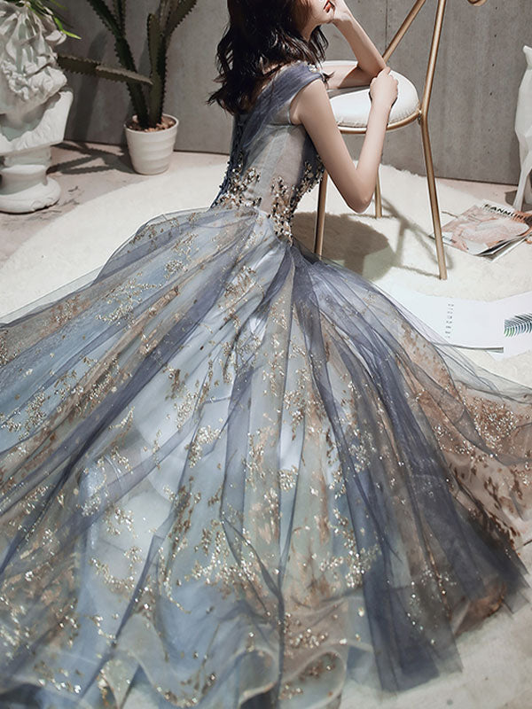 Classic evening dress A Line Sleeveless Floor Length Jewel Neck Lace Appliqued Formal Occasion Dresses-showprettydress