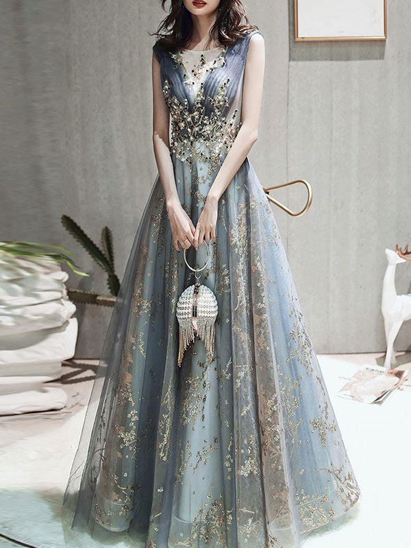 Classic evening dress A Line Sleeveless Floor Length Jewel Neck Lace Appliqued Formal Occasion Dresses-showprettydress