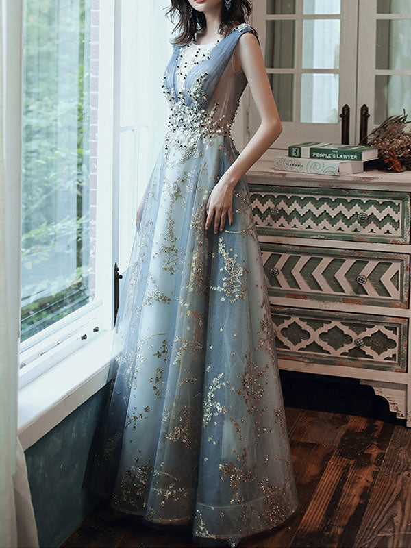 Classic evening dress A Line Sleeveless Floor Length Jewel Neck Lace Appliqued Formal Occasion Dresses-showprettydress
