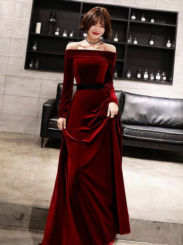 Classic Evening Dresses Velvet Long Sleeve Off Shoulder Maxi Dresses-showprettydress