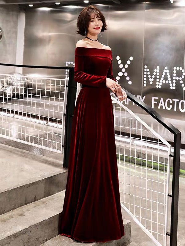 Classic Evening Dresses Velvet Long Sleeve Off Shoulder Maxi Dresses-showprettydress