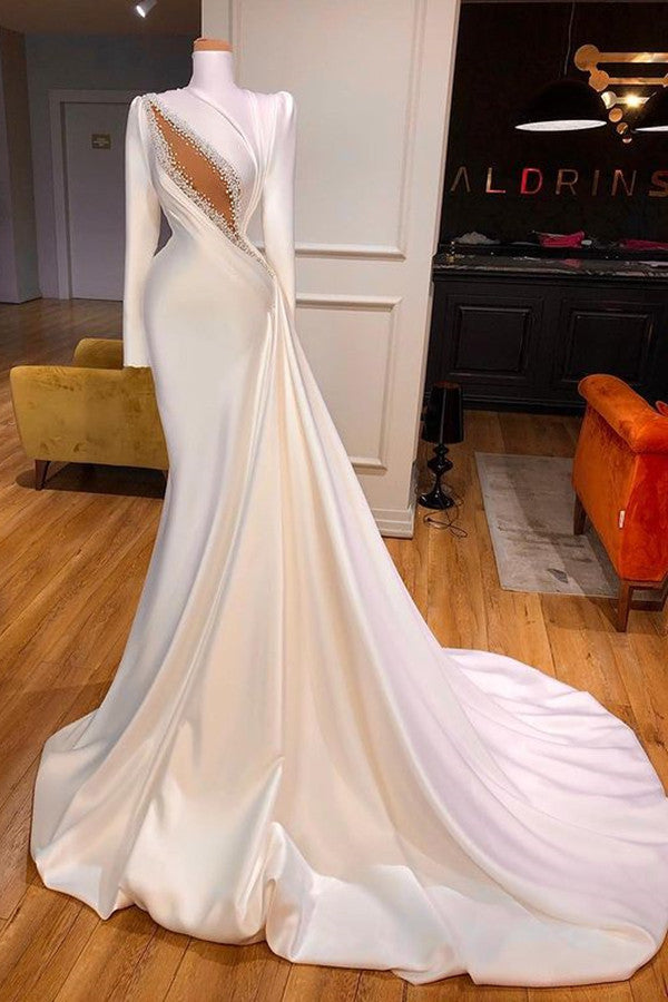 Classic High Neck Long Sleeves Mermaid Wedding Dress Ruffles With Crystals-showprettydress