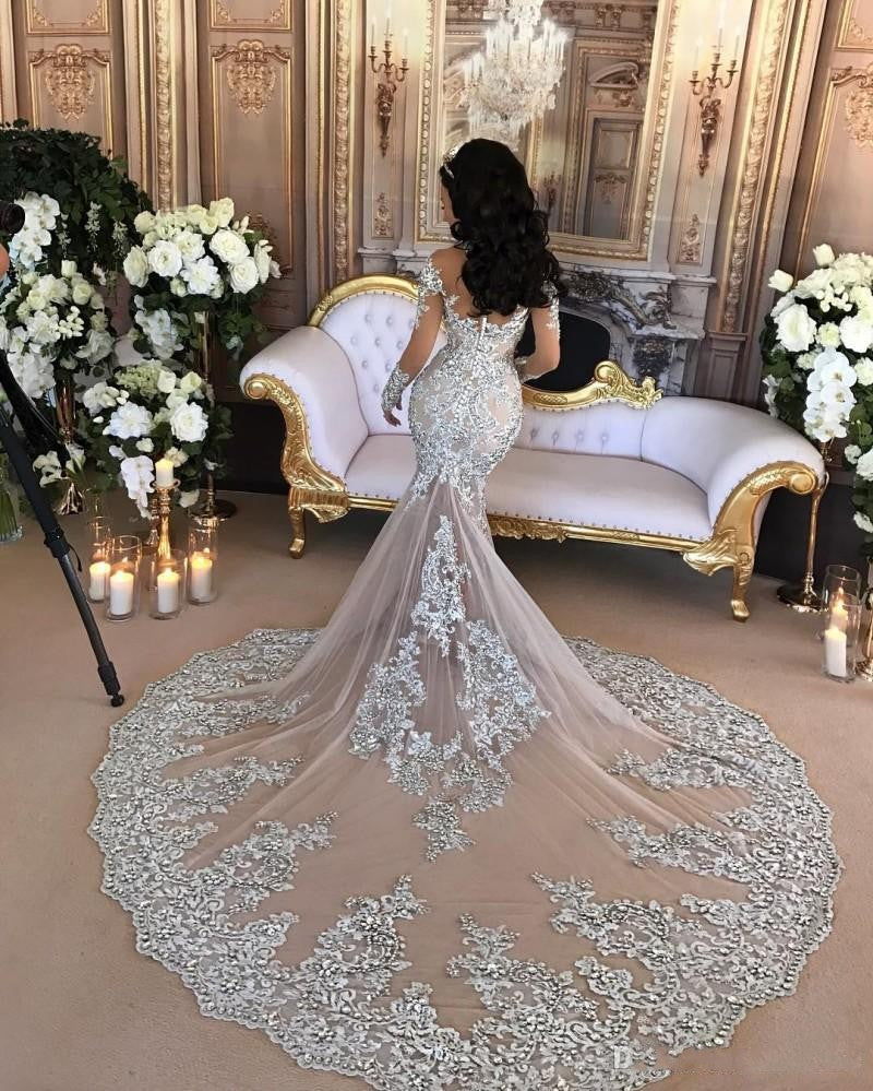 Classic High neck Long Sleevess Mermaid Wedding Dress Silver Tulle Bridal Gowns with Lace Appliques-showprettydress