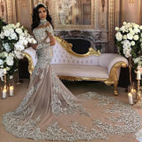 Classic High neck Long Sleevess Mermaid Wedding Dress Silver Tulle Bridal Gowns with Lace Appliques-showprettydress